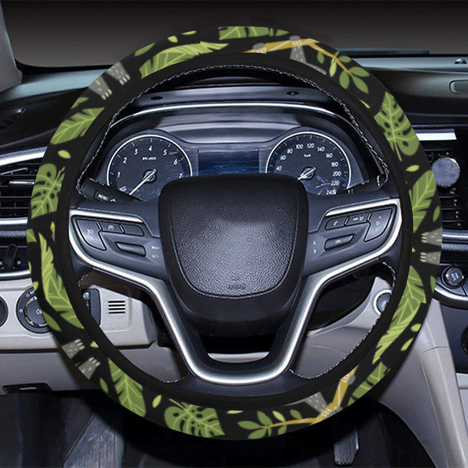 Cute sloths tropical palm leaves black background Car Steering Wheel Cover