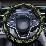 Cute sloths tropical palm leaves black background Car Steering Wheel Cover