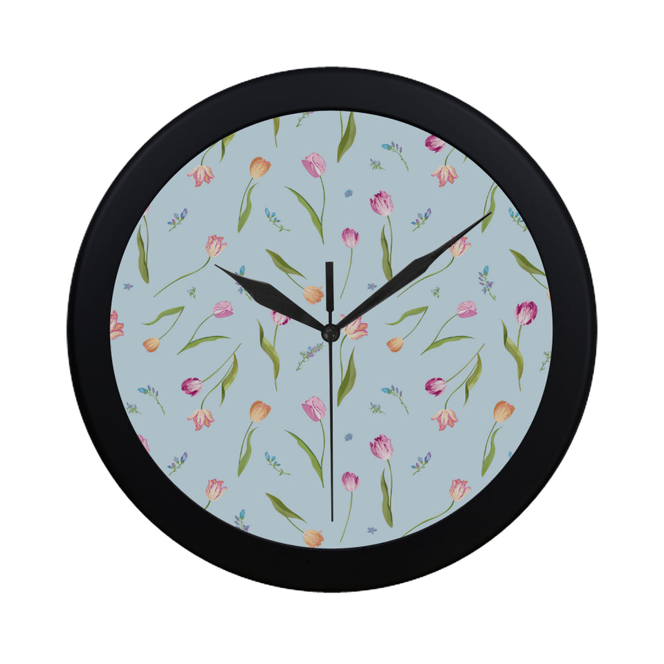 Watercolor Tulips pattern Elegant Black Wall Clock