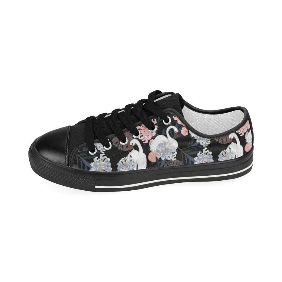 white swan blooming flower pattern Women's Low Top Canvas Shoes Black