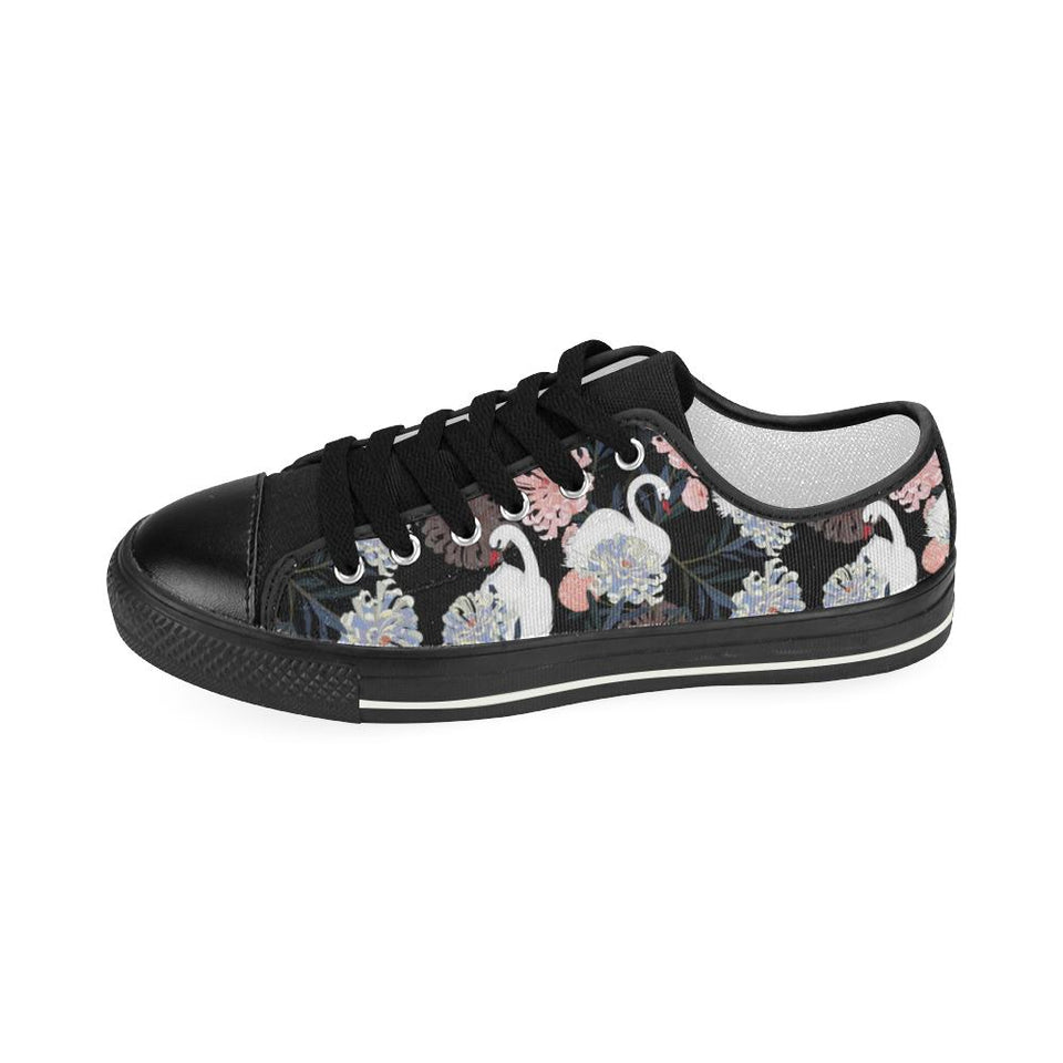 white swan blooming flower pattern Kids' Boys' Girls' Low Top Canvas Shoes Black