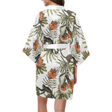 Monkey red hibiscus flower palm leaves floral patt Women's Short Kimono Robe