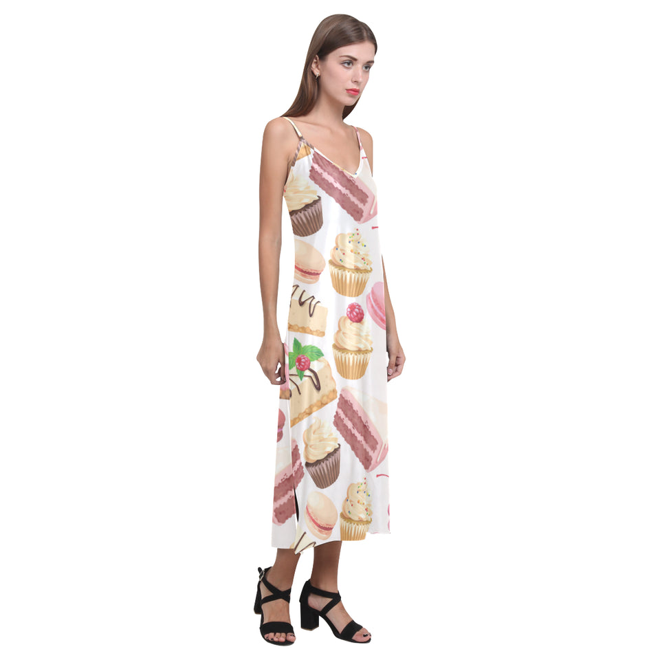 Cake cupcake sweets pattern V-Neck Open Fork Long Dress