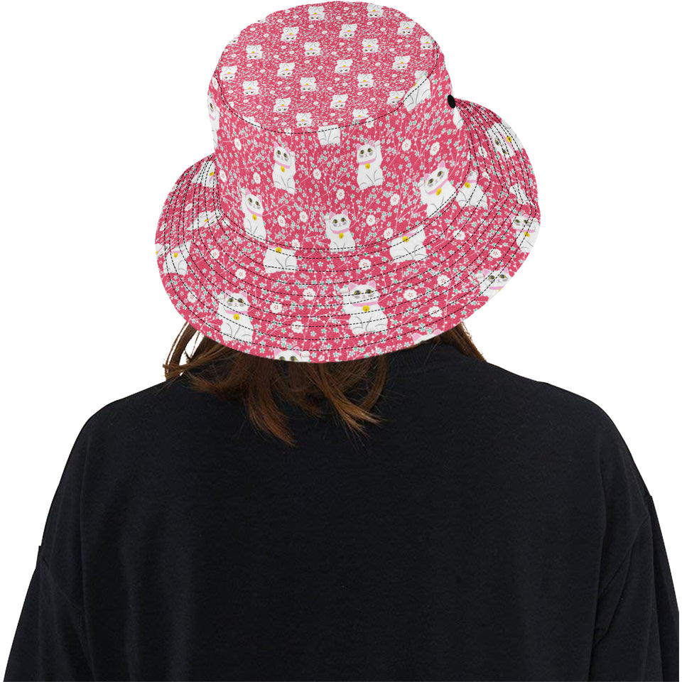 Maneki neko cat sakura pink background Unisex Bucket Hat