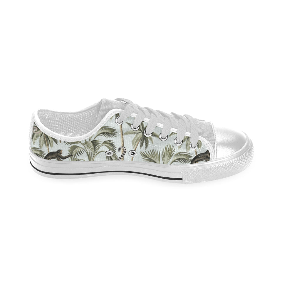 Monkey sloth lemur palm trees pattern Men's Low Top Canvas Shoes White