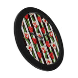 red and white tulips pattern Elegant Black Wall Clock