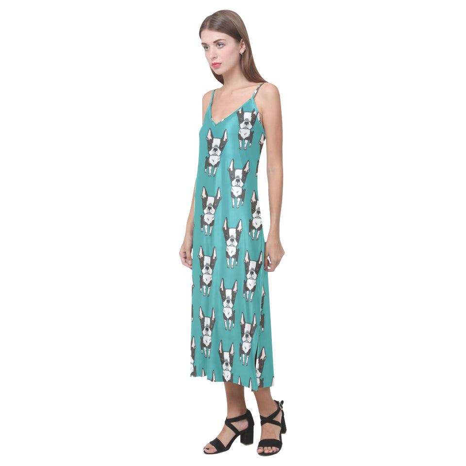 Hand drawn boston terrier dog pattern V-Neck Open Fork Long Dress