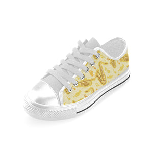 Saxophone cornet pattern yellow background Men's Low Top Shoes White