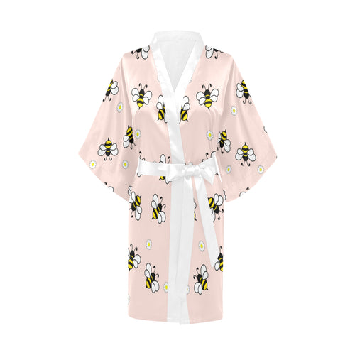 Cute bee flower pattern pink background Women's Short Kimono Robe