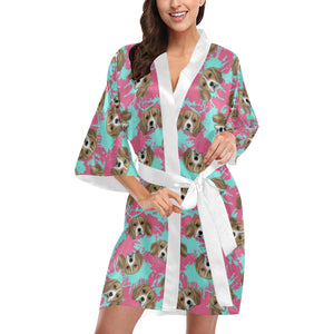 Beagle muzzles turquoise paint splashes pink patte Women's Short Kimono Robe