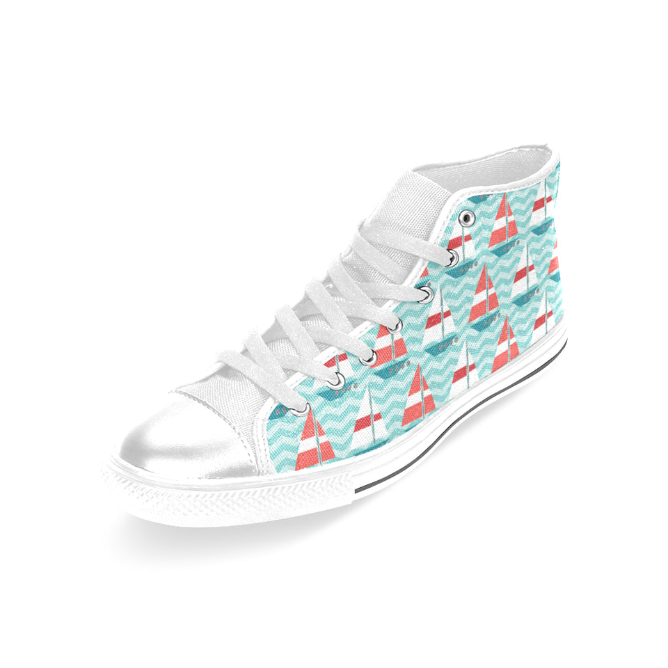 Red White sailboat wave background Women's High Top Canvas Shoes White