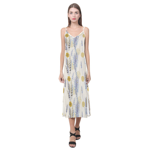 Lavender modern pattern blackground V-Neck Open Fork Long Dress