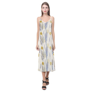 Lavender modern pattern blackground V-Neck Open Fork Long Dress