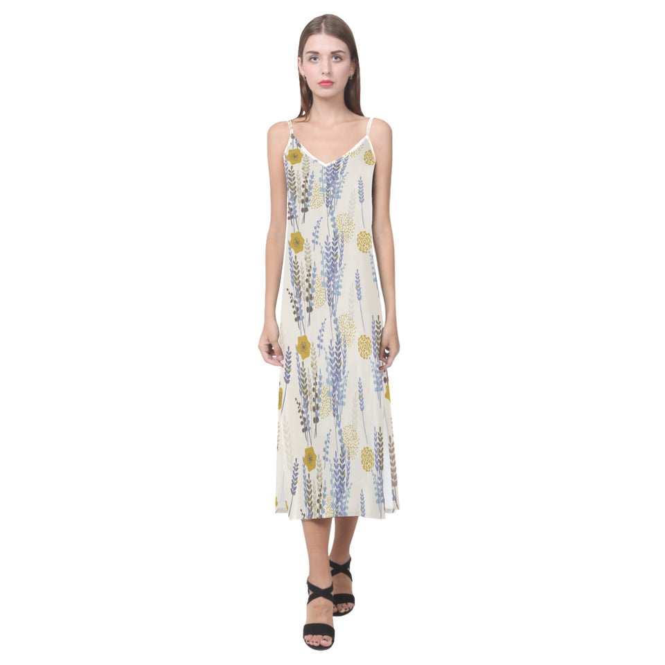 Lavender modern pattern blackground V-Neck Open Fork Long Dress