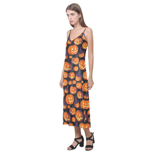 Halloween Pumpkin pattern V-Neck Open Fork Long Dress