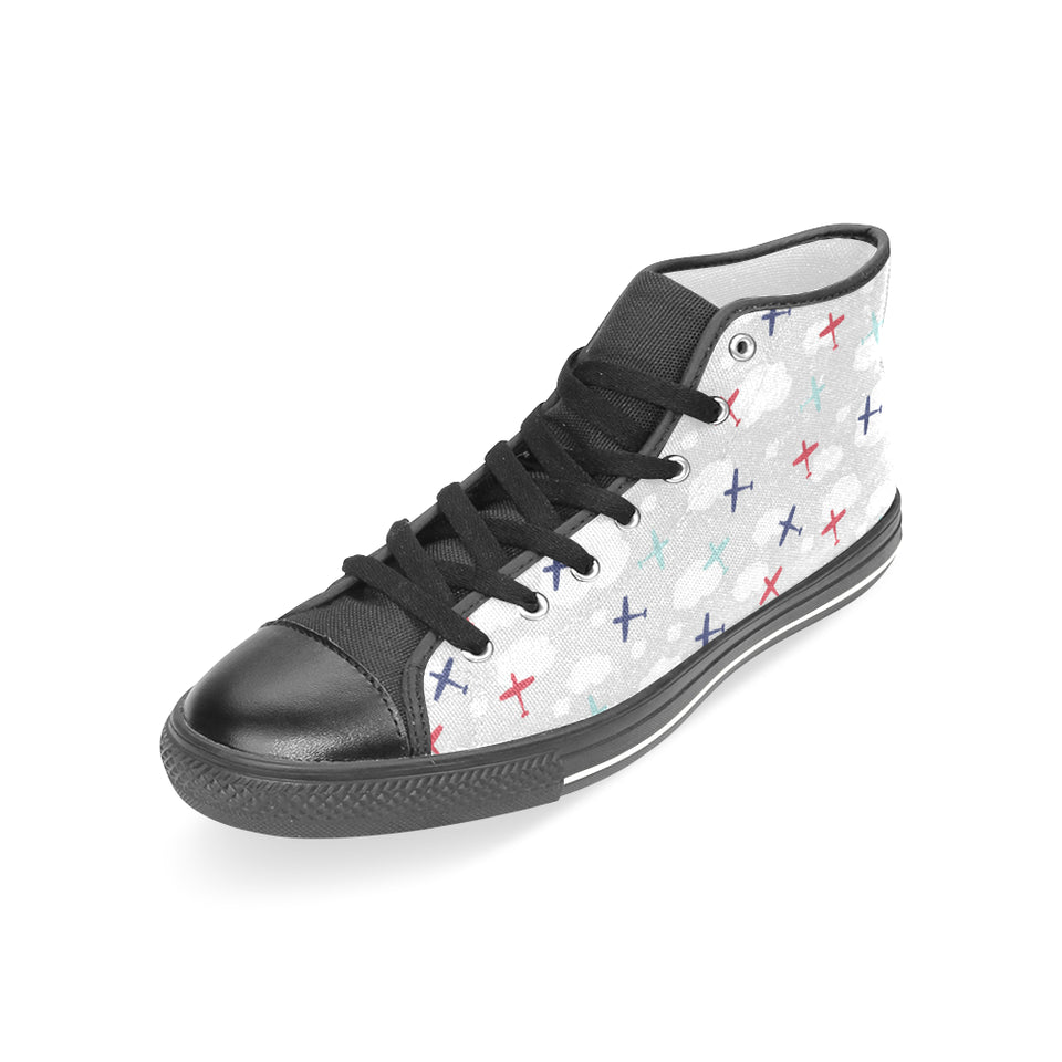 Airplane cloud grey background Women's High Top Canvas Canvas Shoes Black