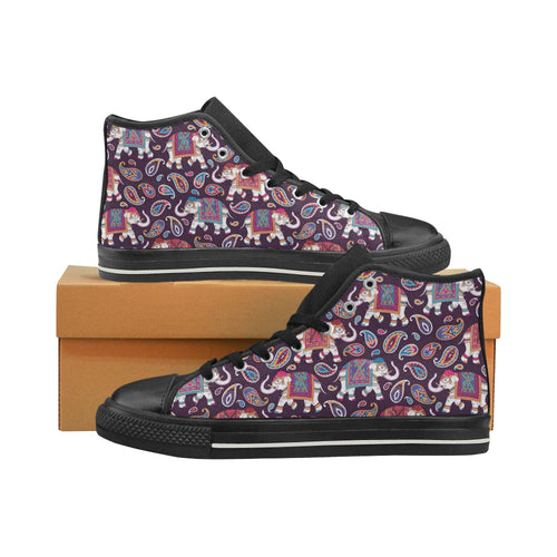 Elephant indian style ornament pattern Women's High Top Canvas Shoes Black