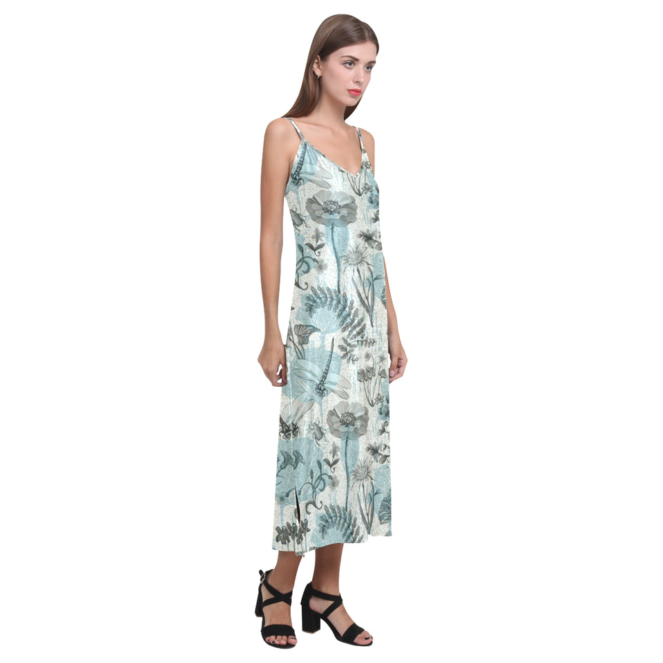 Dragonfly Butterfly Plants insect flower vintage s V-Neck Open Fork Long Dress