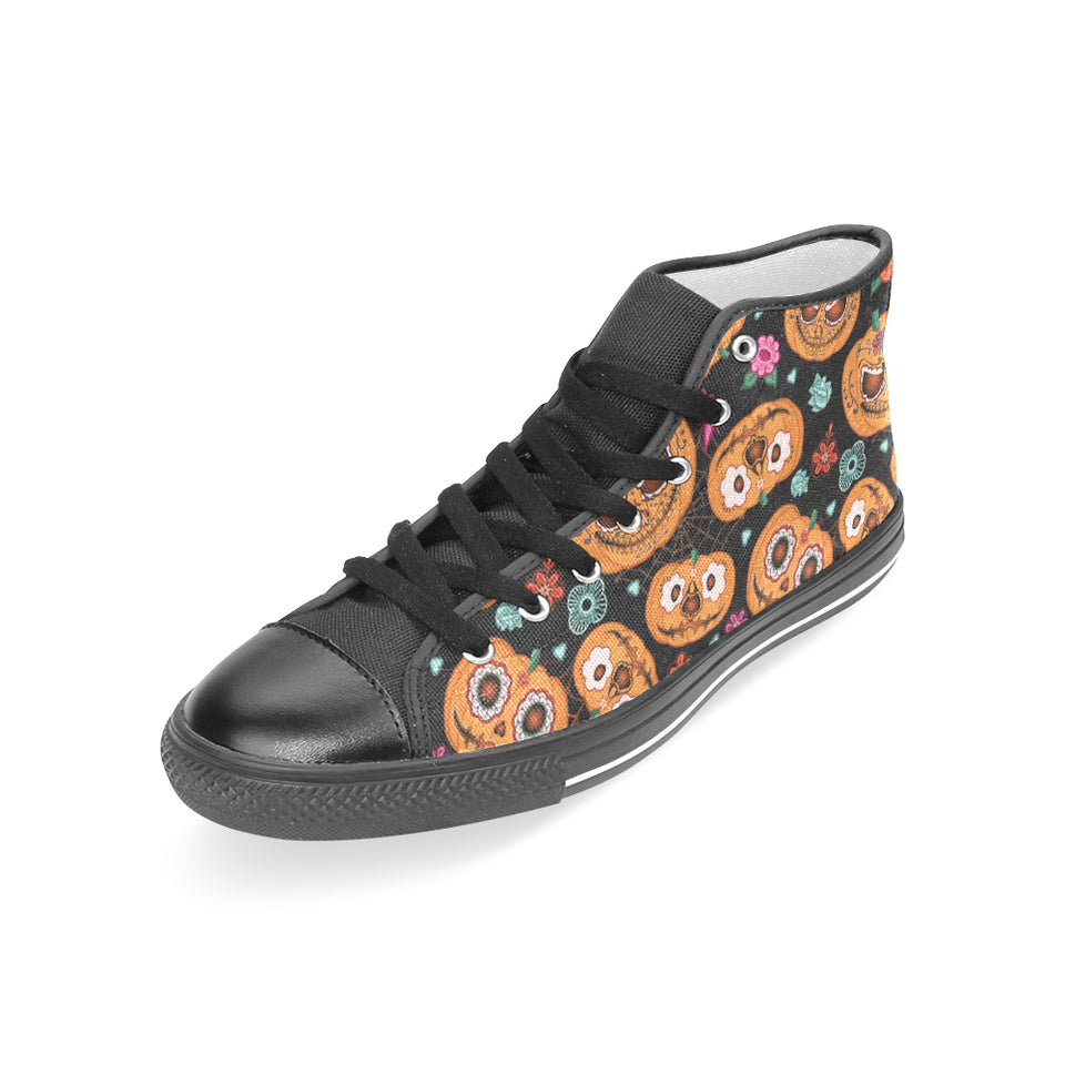 Pumpkin flowers spiderweb Halloween theme Women's High Top Canvas Shoes Black