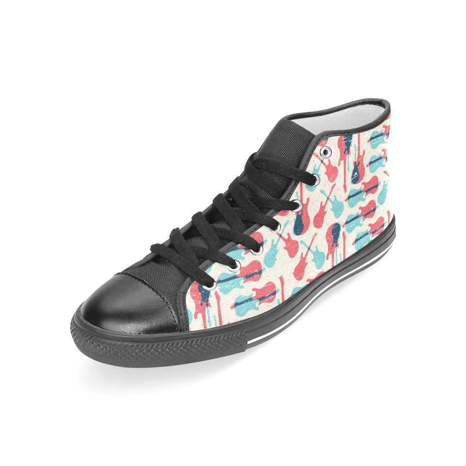 Red Blue guitar pattern Women's High Top Canvas Shoes Black
