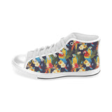 Colorful parrot flower pattern Men's High Top Canvas Shoes White