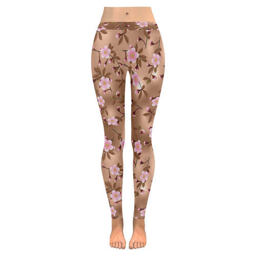Pink sakura cherry blossom drak brown background Women's Legging Fulfilled In US