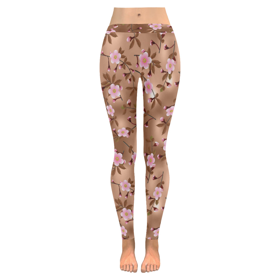 Pink sakura cherry blossom drak brown background Women's Legging Fulfilled In US