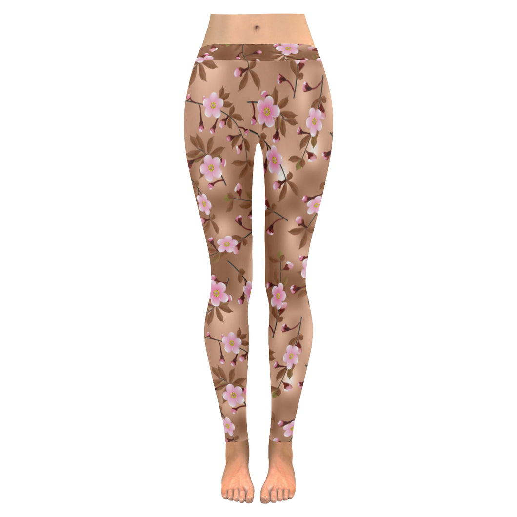 Pink sakura cherry blossom drak brown background Women's Legging Fulfilled In US