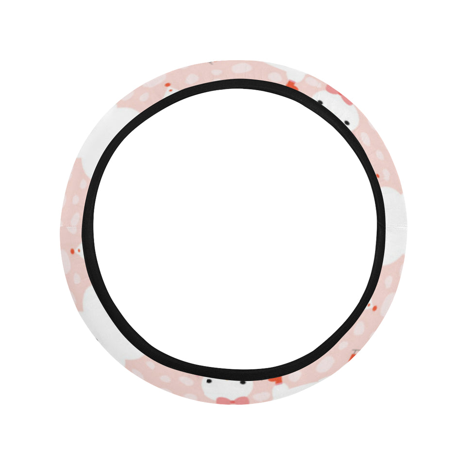 Cute snowman christmas tree snowpink background Car Steering Wheel Cover