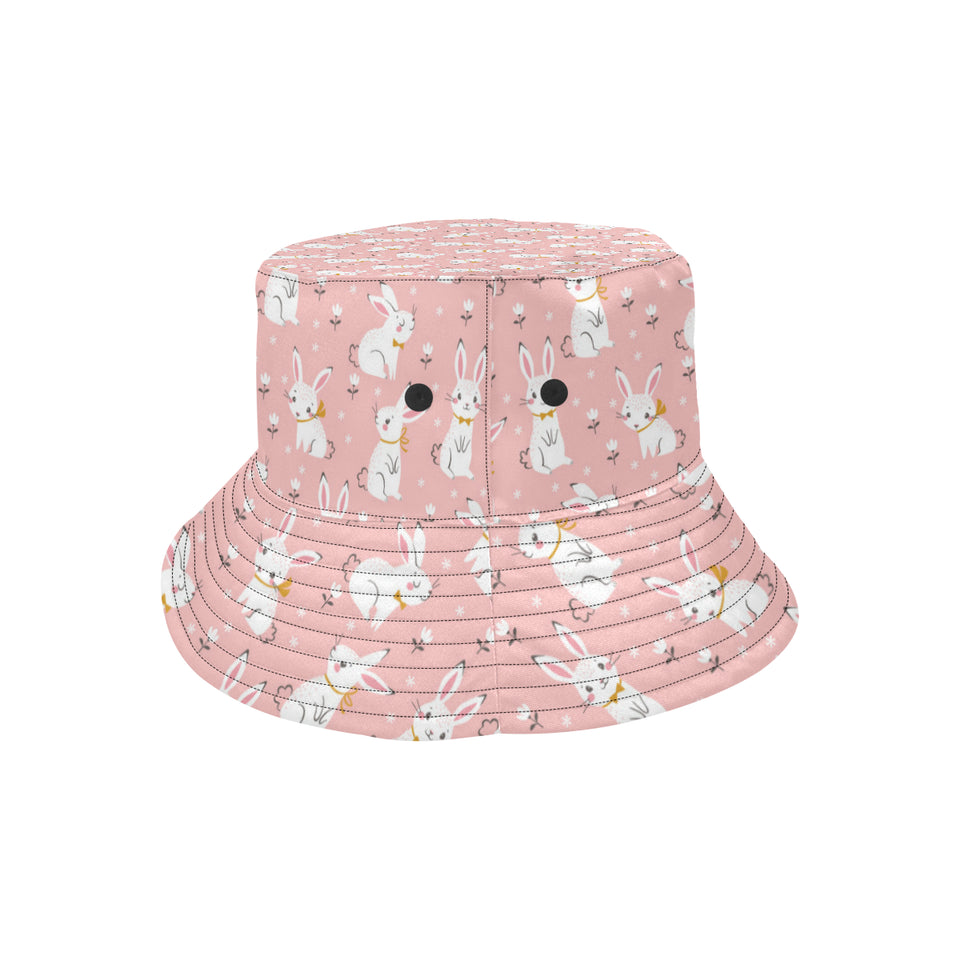 Cute white rabbit flower pink background Unisex Bucket Hat