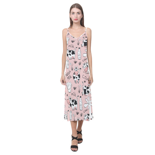 Cows milk product pink background V-Neck Open Fork Long Dress