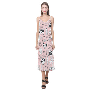 Cows milk product pink background V-Neck Open Fork Long Dress