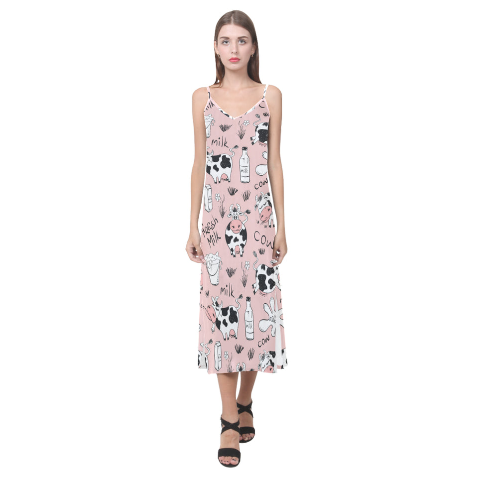Cows milk product pink background V-Neck Open Fork Long Dress