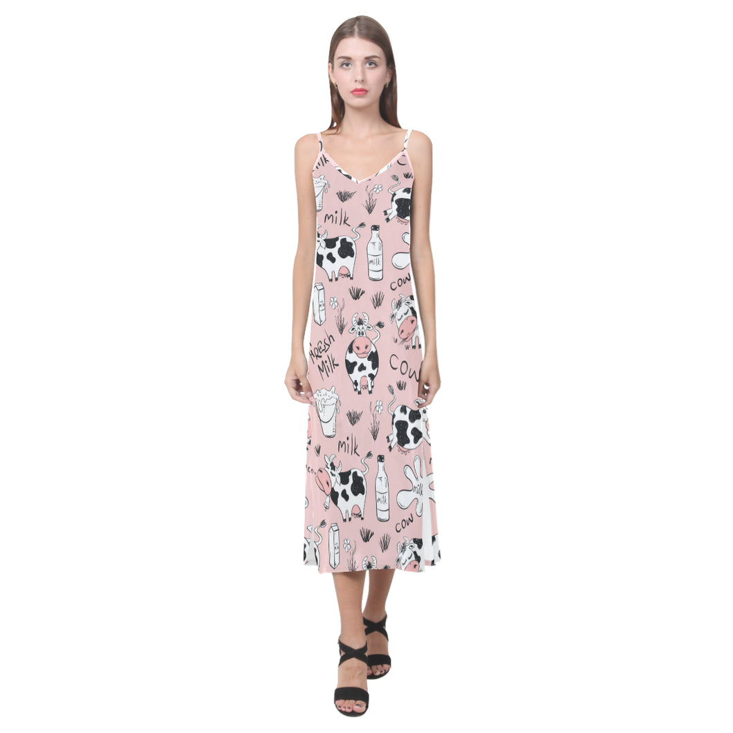 Cows milk product pink background V-Neck Open Fork Long Dress