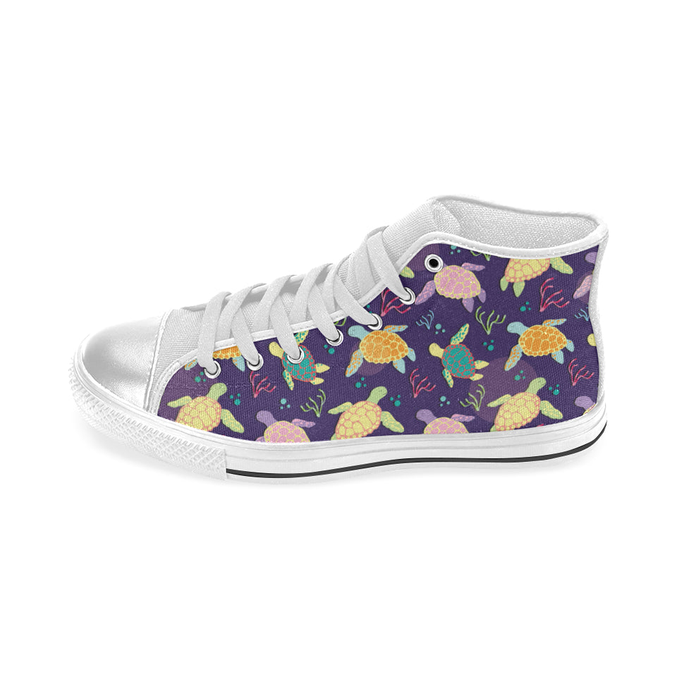 Colorful sea turtle pattern Women's High Top Canvas Shoes White