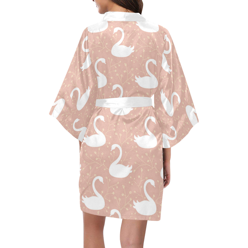 Swan flower light pink background Women's Short Kimono Robe