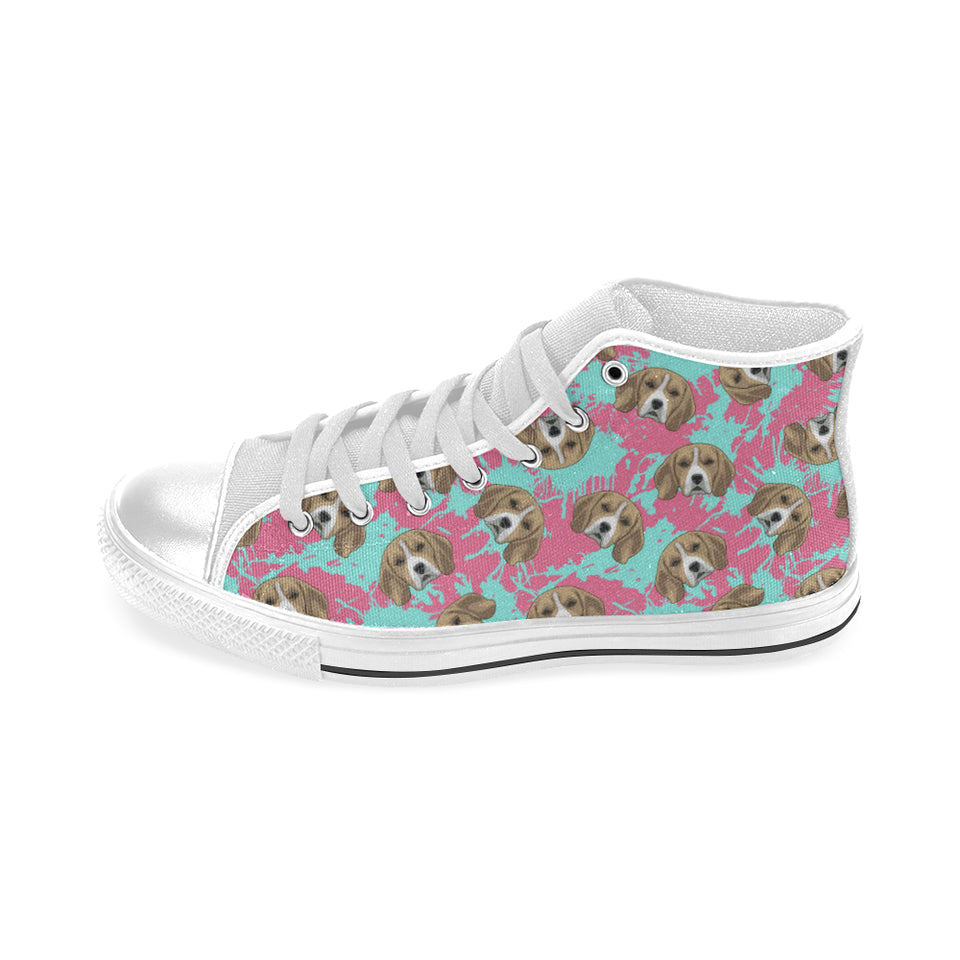 Beagle muzzles turquoise paint splashes pink patte Men's High Top Canvas Shoes White