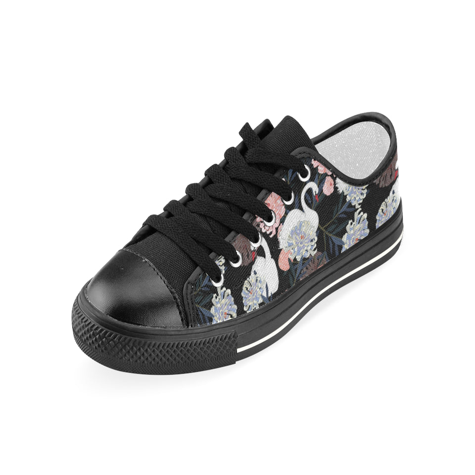 white swan blooming flower pattern Women's Low Top Canvas Shoes Black
