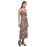 Coffee bean flower pattern V-Neck Open Fork Long Dress