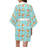 Fox pattern blue b ackground Women's Short Kimono Robe