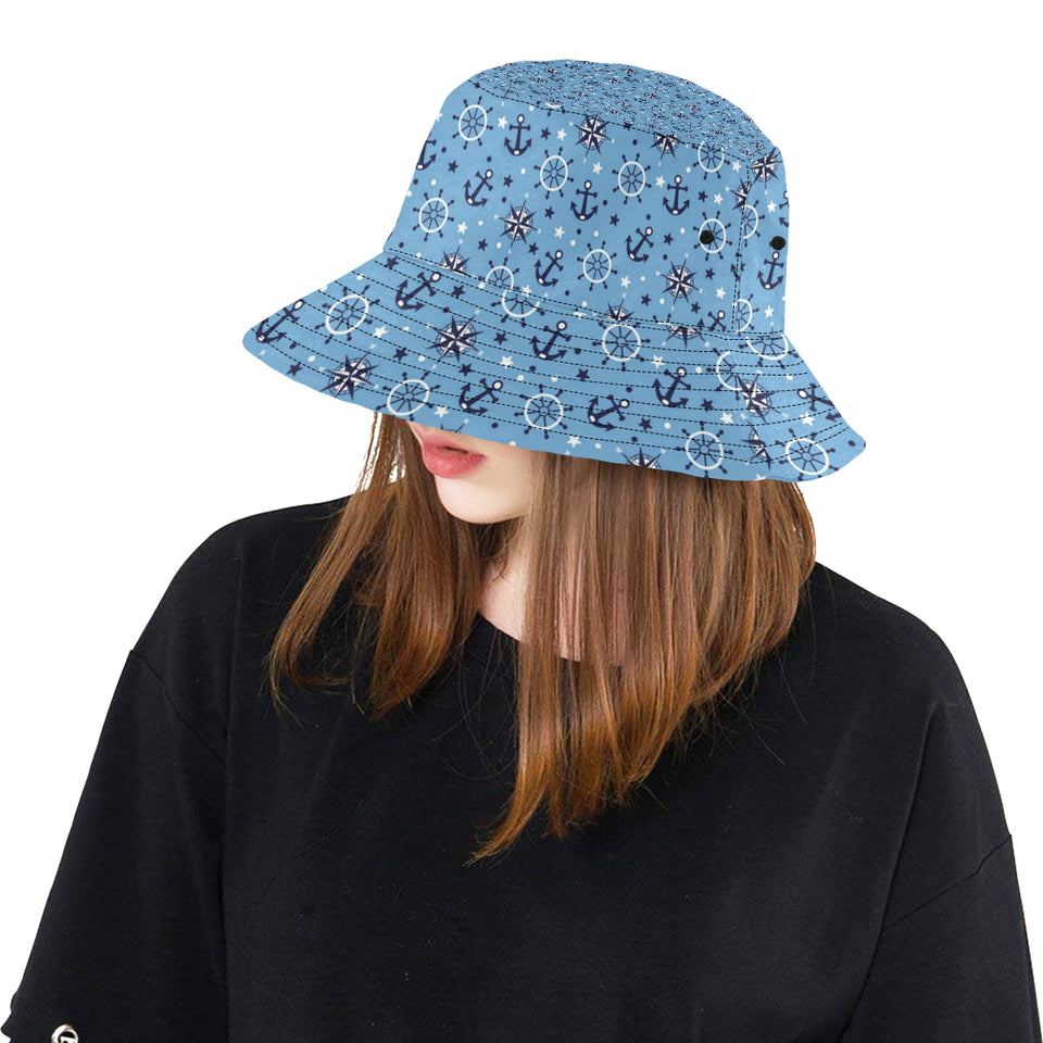 Anchors rudder compass star nautical pattern Unisex Bucket Hat