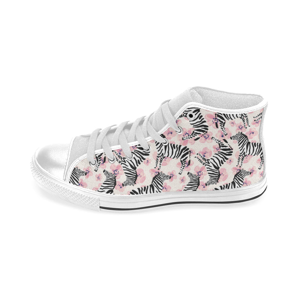 Zebra pink flower background Men's High Top Canvas Shoes White