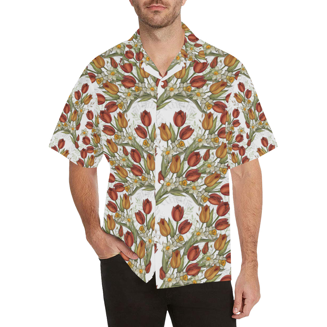 Red tulips and daffodils pattern Men's All Over Print Hawaiian Shirt