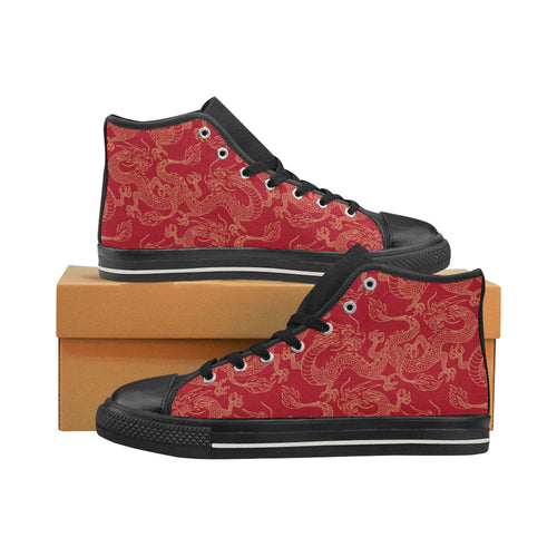 Gold dragons red background Women's High Top Canvas Shoes Black