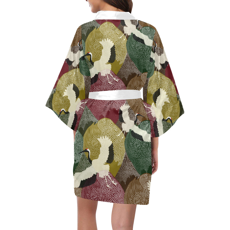 Japanese cranes flying forest dot pattern Women's Short Kimono Robe