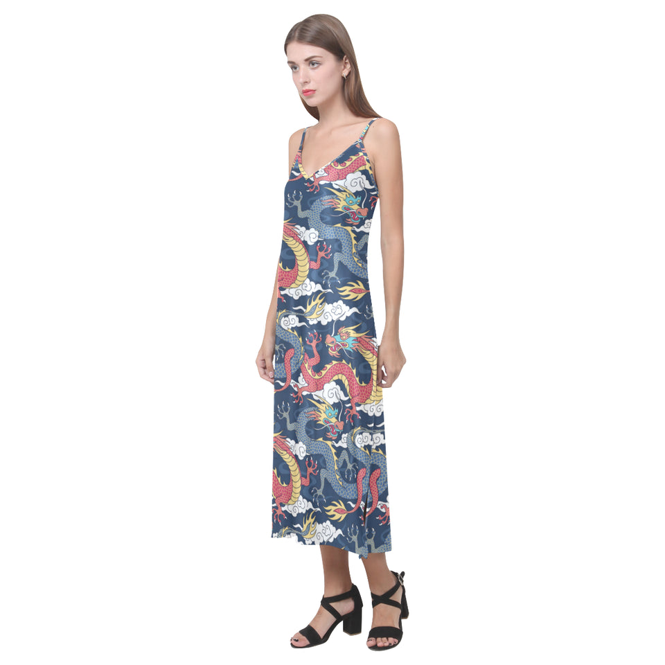 Blue red dragon cloud pattern V-Neck Open Fork Long Dress