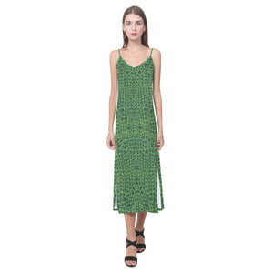 Crocodile Skin Printed V-Neck Open Fork Long Dress