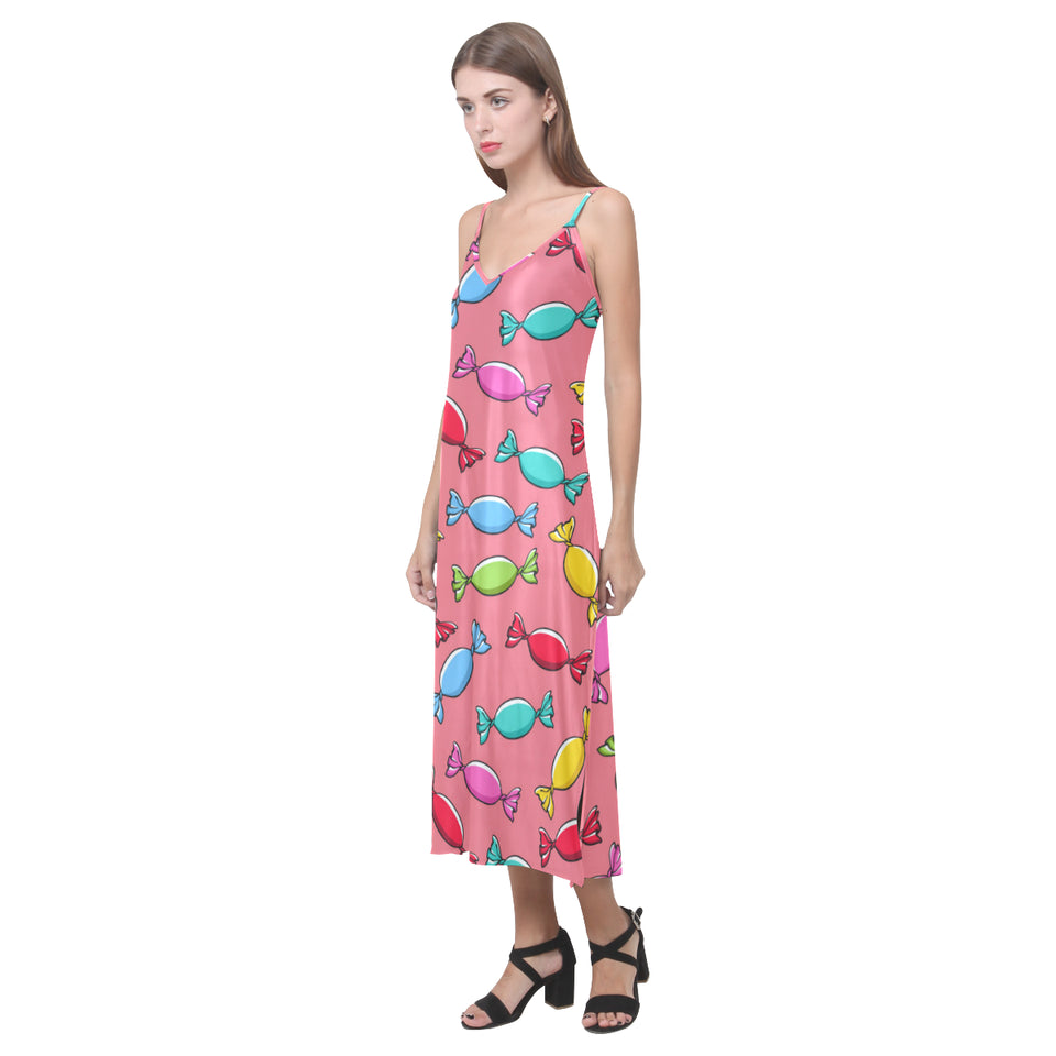 Colorful wrapped candy pattern V-Neck Open Fork Long Dress