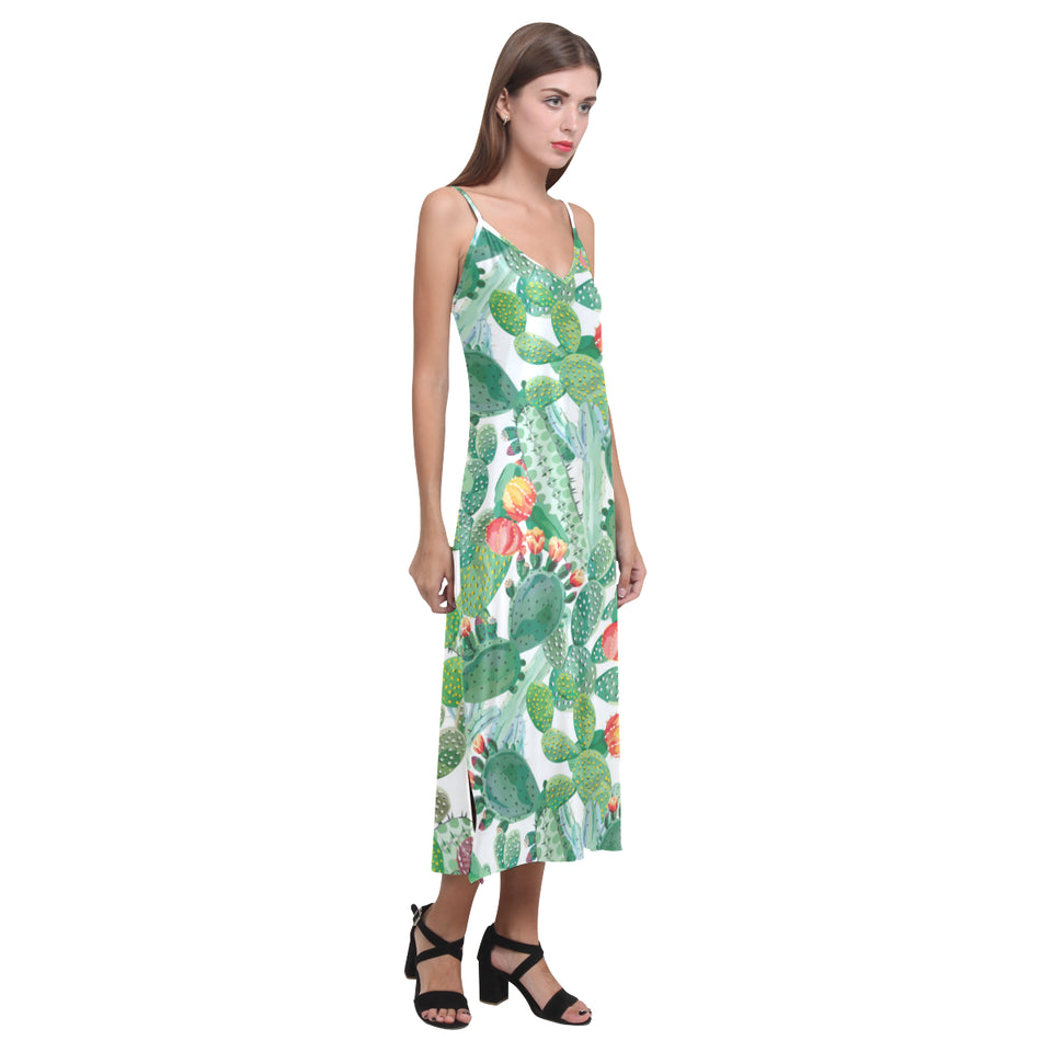 Cactus design pattern copy V-Neck Open Fork Long Dress