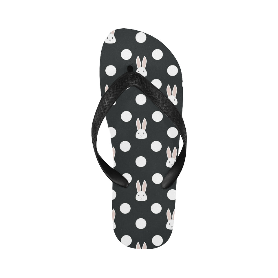 Cute white rabbit polka dots black background Unisex Flip Flops